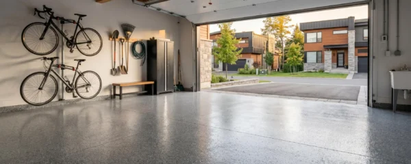 Plancher de garage résidentiel double fraîchement revêtu d'époxy gris à flocons de vinyle aspect granit, finition brillante reflétant la lumière naturelle d'une porte de garage ouverte, contexte banlieue montréalaise contemporaine