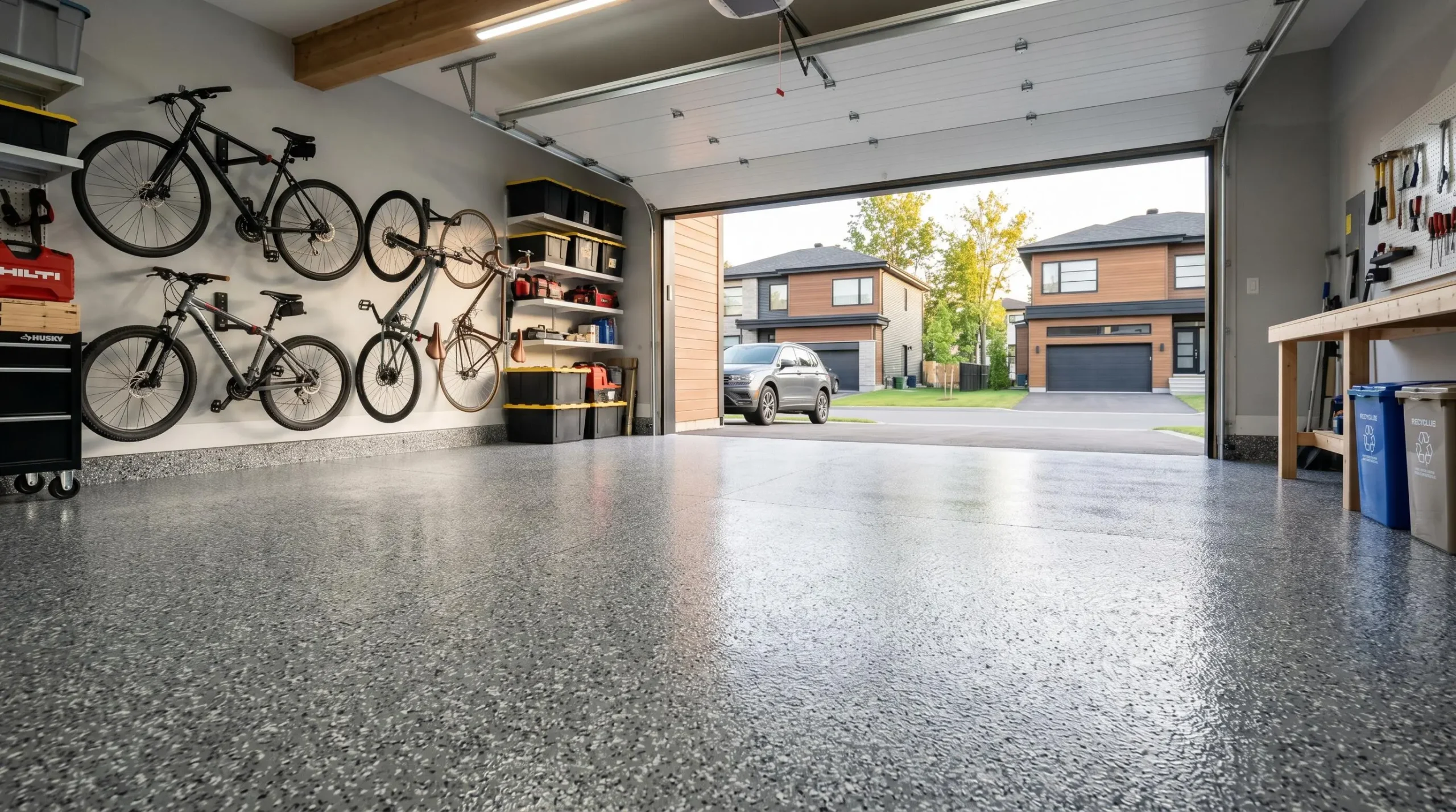 Plancher de garage résidentiel double fraîchement revêtu d'époxy gris à flocons de vinyle aspect granit, finition brillante reflétant la lumière naturelle d'une porte de garage ouverte, contexte banlieue montréalaise contemporaine