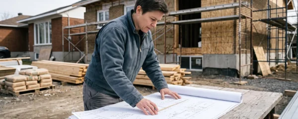 Professionnel de la construction examinant des plans architecturaux sur un chantier de rénovation résidentielle au Québec, avec maison en cours de travaux en arrière-plan
