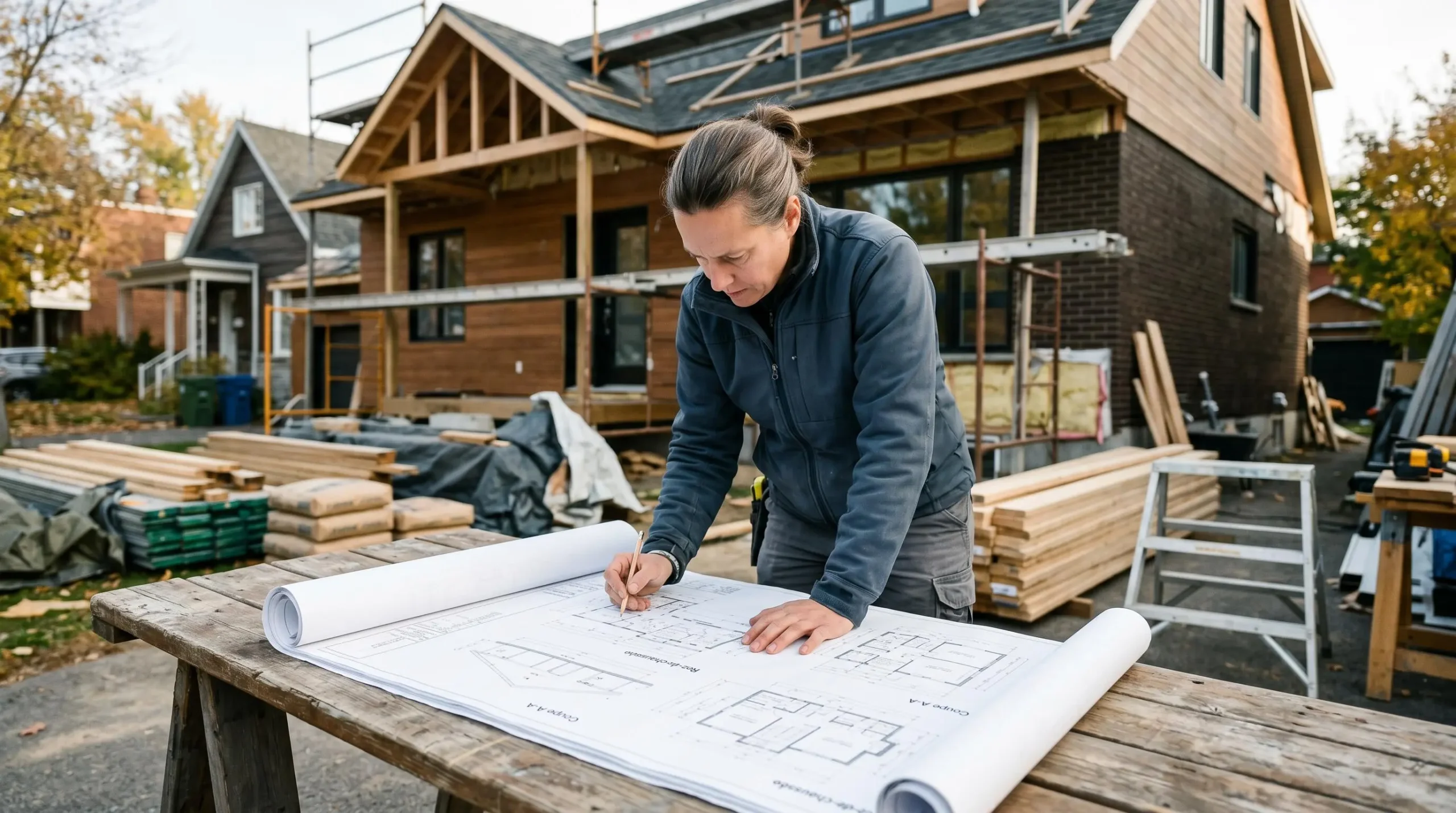 Professionnel de la construction examinant des plans architecturaux sur un chantier de rénovation résidentielle au Québec, avec maison en cours de travaux en arrière-plan