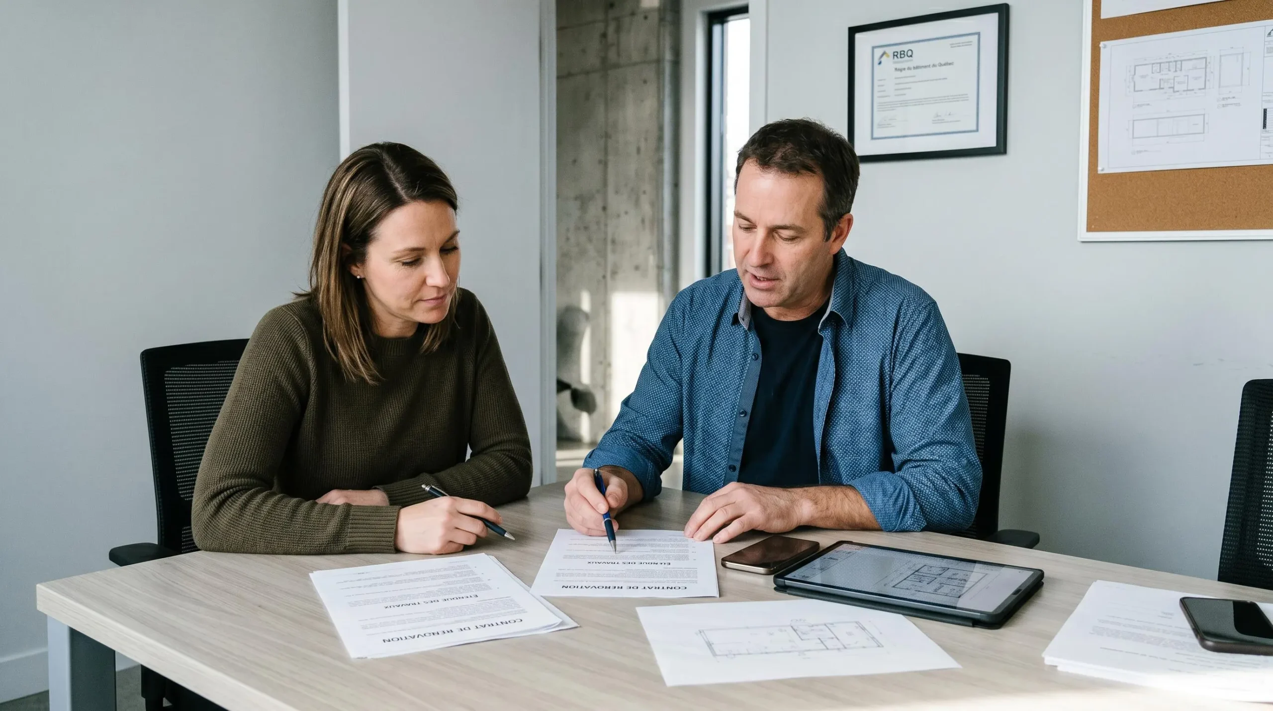 Rencontre professionnelle entre entrepreneur et client examinant documents contractuels de rénovation dans bureau avec certificat RBQ visible au mur