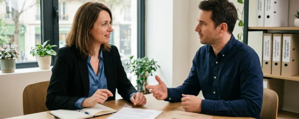 Responsable RH française en entretien de recrutement avec un candidat dans un bureau moderne, dossier de candidature ouvert sur la table, échange professionnel en cours avec lumière naturelle