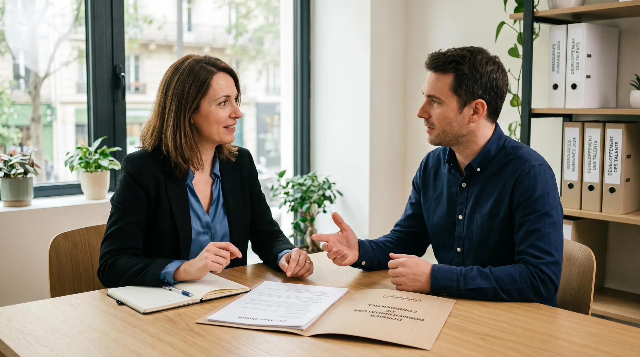 Responsable RH française en entretien de recrutement avec un candidat dans un bureau moderne, dossier de candidature ouvert sur la table, échange professionnel en cours avec lumière naturelle