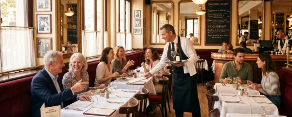 Salle de brasserie traditionnelle française avec clients attablés en conversation, serveur en service, décor Belle Époque avec banquettes velours et miroirs, ambiance chaleureuse et lumineuse