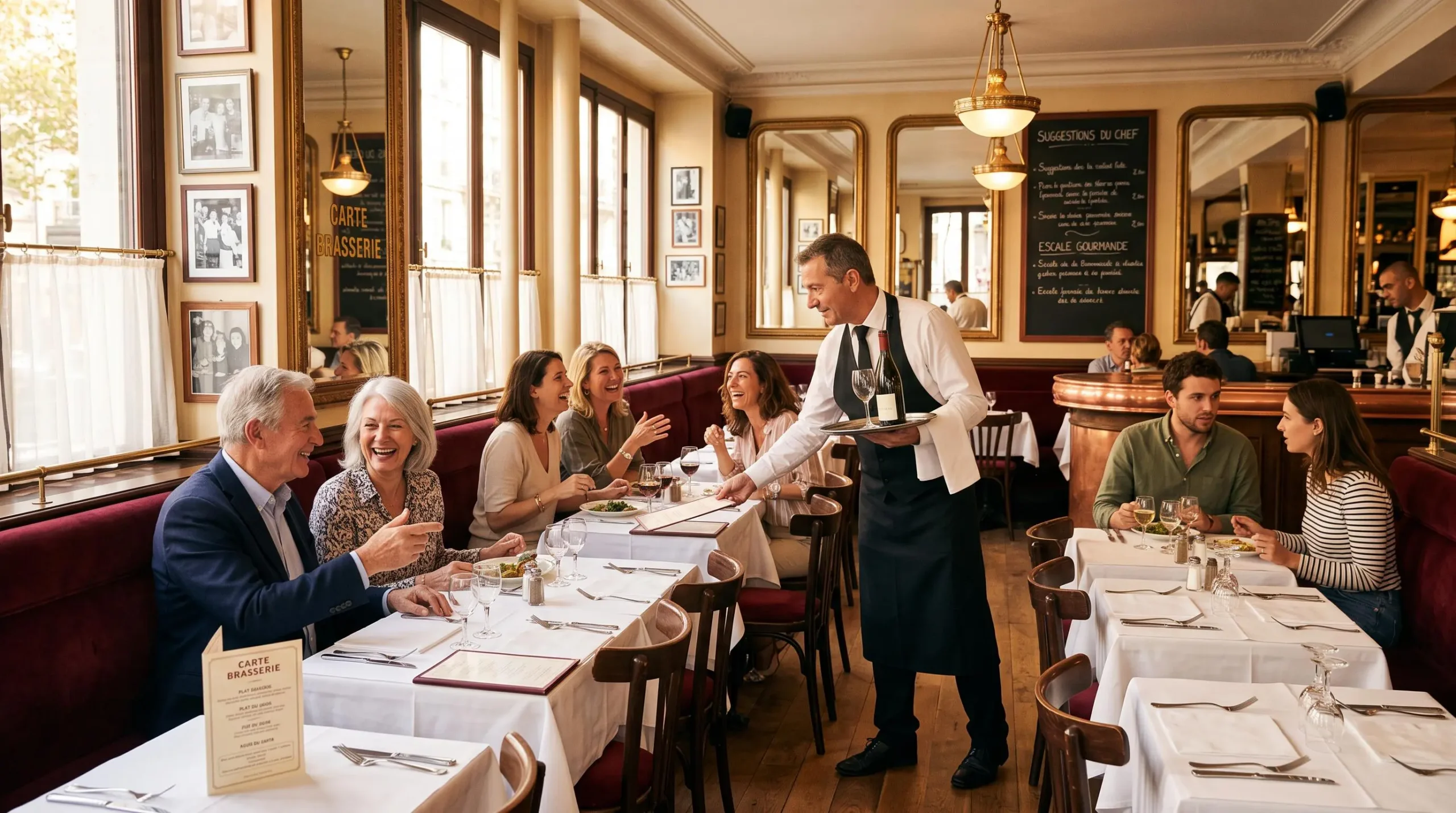 Salle de brasserie traditionnelle française avec clients attablés en conversation, serveur en service, décor Belle Époque avec banquettes velours et miroirs, ambiance chaleureuse et lumineuse