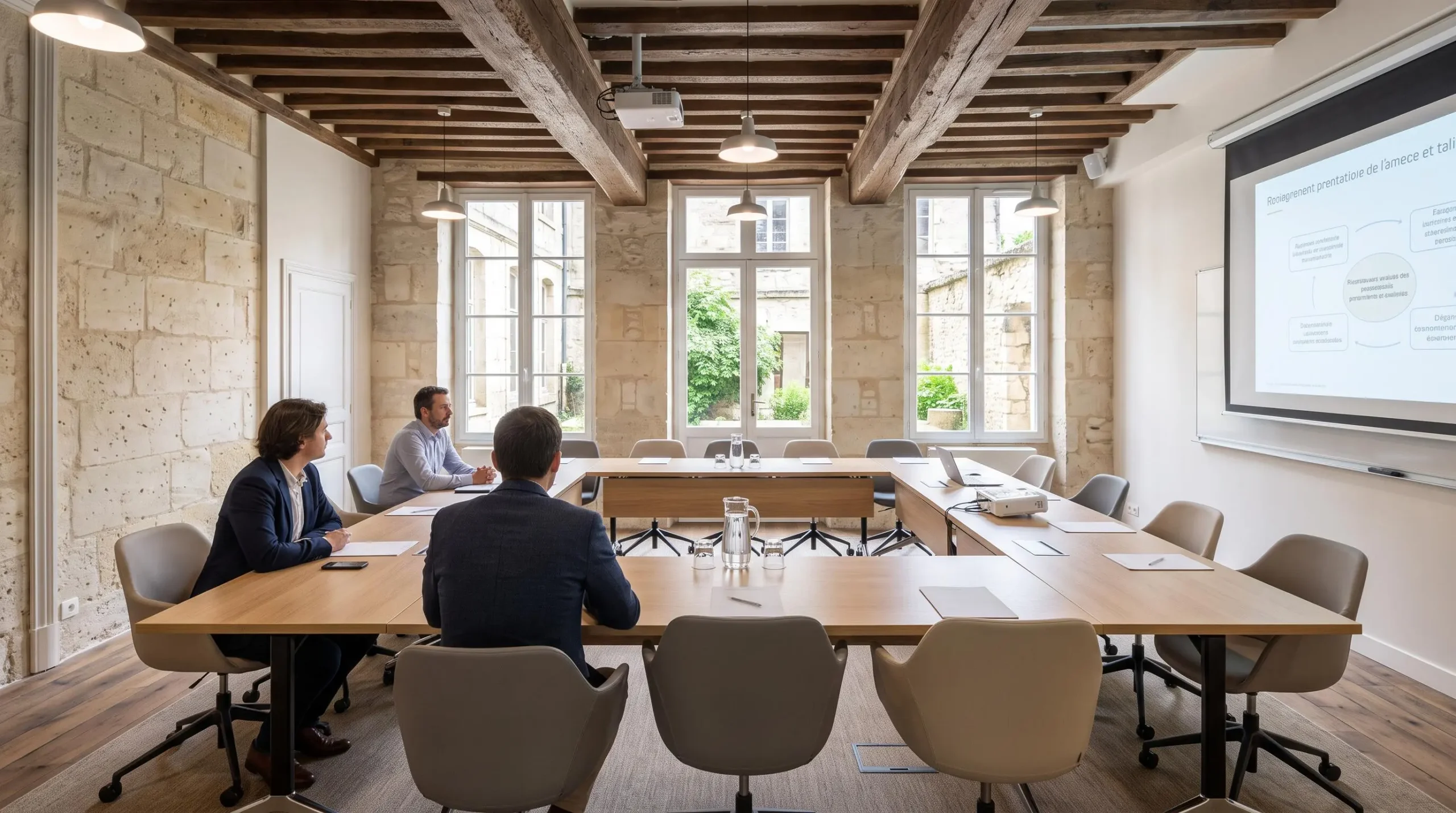 Salle de séminaire aménagée dans un bâtiment historique avec poutres apparentes et murs en pierre, disposition en U avec mobilier contemporain et écran de projection