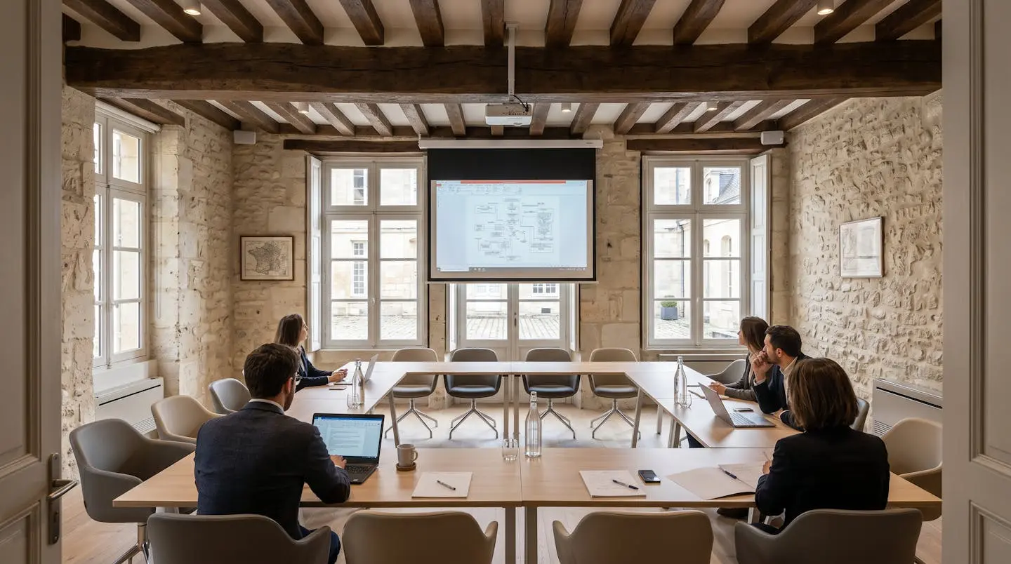 Salle de séminaire aménagée dans un bâtiment historique avec poutres apparentes et murs en pierre, disposition en U avec mobilier contemporain et écran de projection