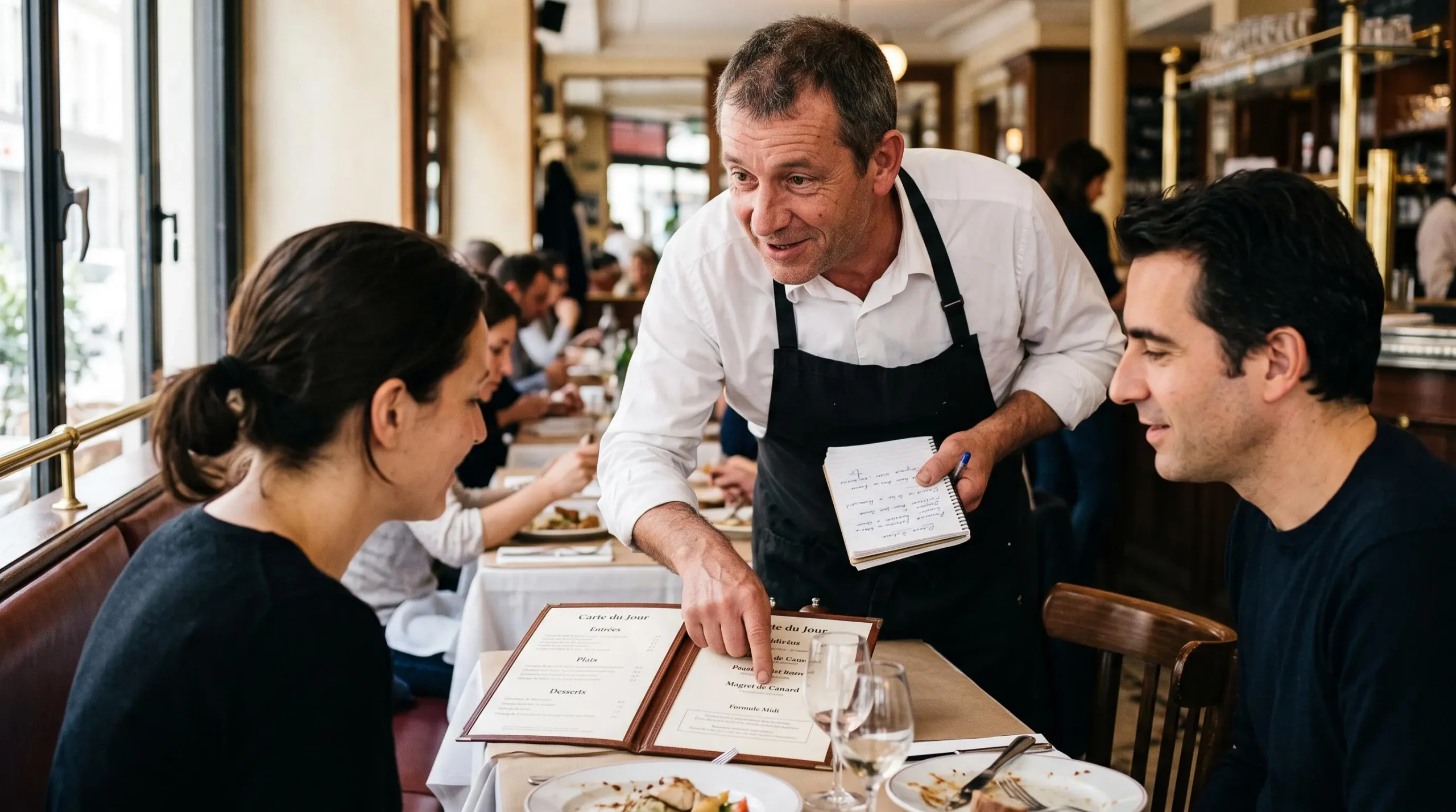 Serveur de brasserie debout, penché vers des clients attablés, en train de conseiller avec carnet en main, échange souriant et attentif, lumière naturelle