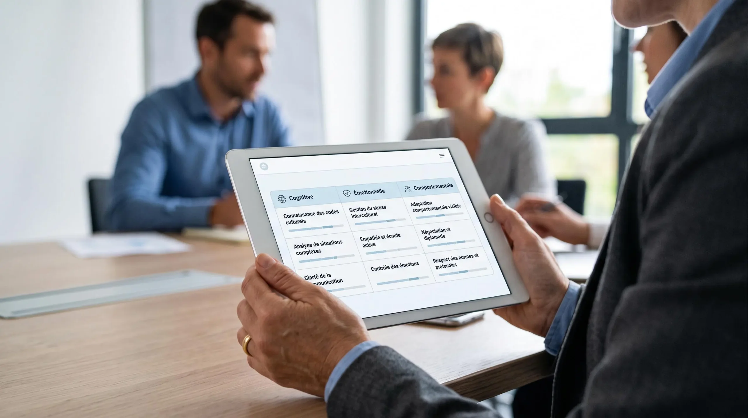 Tablette affichant grille d'évaluation RH en français avec trois colonnes (Cognitive, Émotionnelle, Comportementale) listant critères interculturels observables, consultée lors d'une formation recruteurs