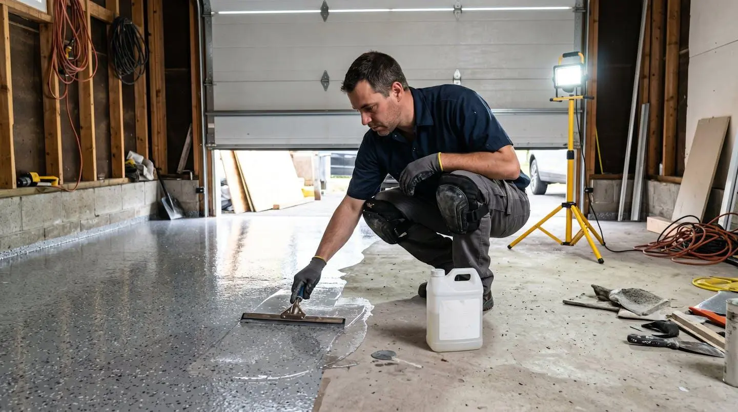 Installateur professionnel accroupi appliquant la finition polyuréa transparente avec raclette sur plancher de garage époxy gris à flocons de vinyle, contexte chantier résidentiel québécois, éclairage de travail et geste technique précis