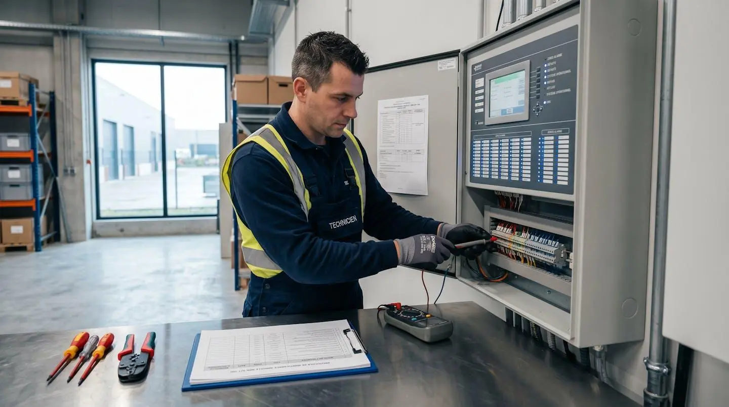 Technicien certifié effectuant la maintenance d'une centrale de détection incendie dans un environnement industriel moderne, avec documentation de conformité NBN S21-100 visible