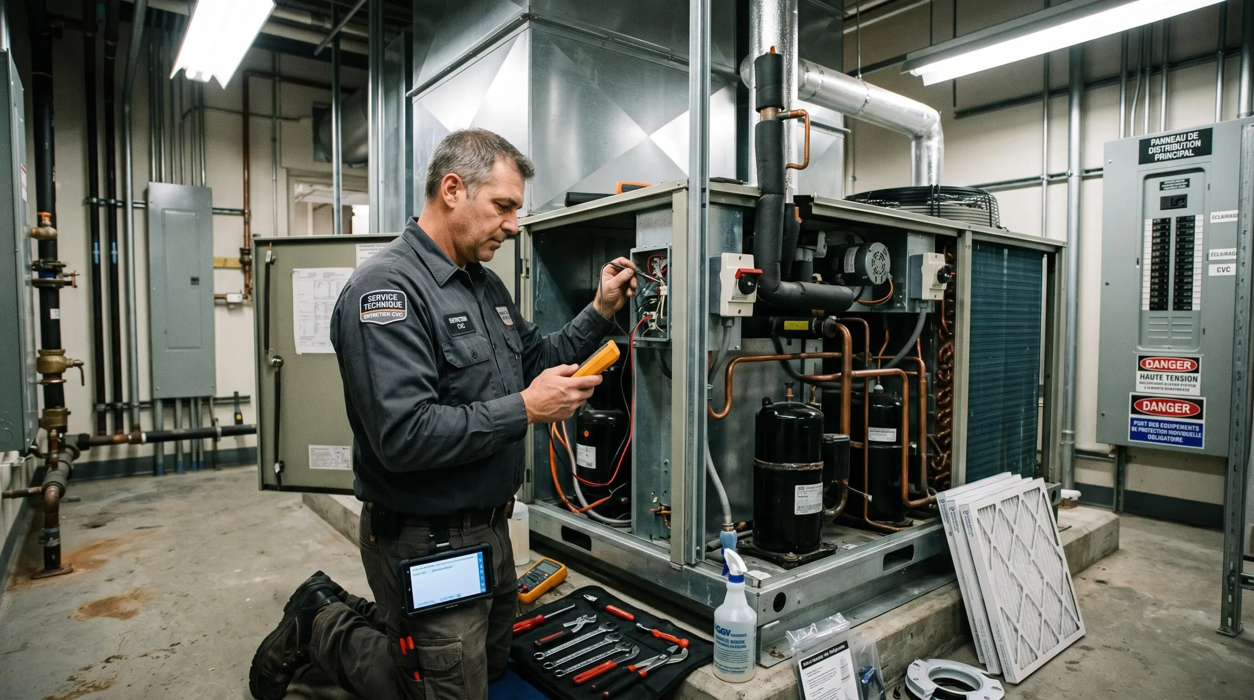 Technicien HVAC expérimenté effectuant une maintenance préventive sur un système commercial dans un local technique avec outils professionnels et pièces détachées