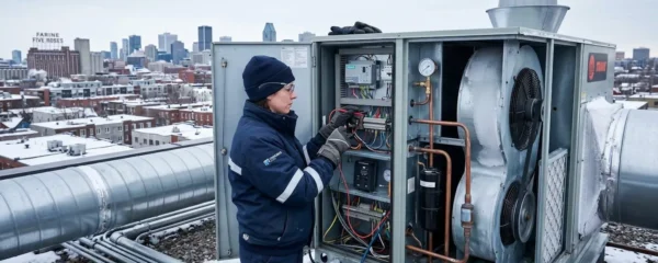 Technicien HVAC inspectant une unité de traitement d'air commerciale installée sur le toit d'un bâtiment moderne du Grand Montréal en hiver, avec conduits métalliques et panneaux de contrôle visibles