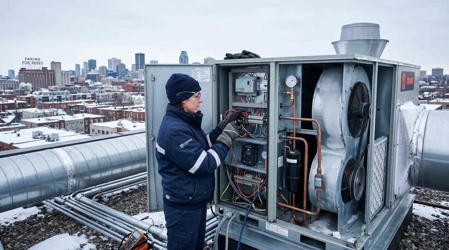 Technicien HVAC inspectant une unité de traitement d'air commerciale installée sur le toit d'un bâtiment moderne du Grand Montréal en hiver, avec conduits métalliques et panneaux de contrôle visibles