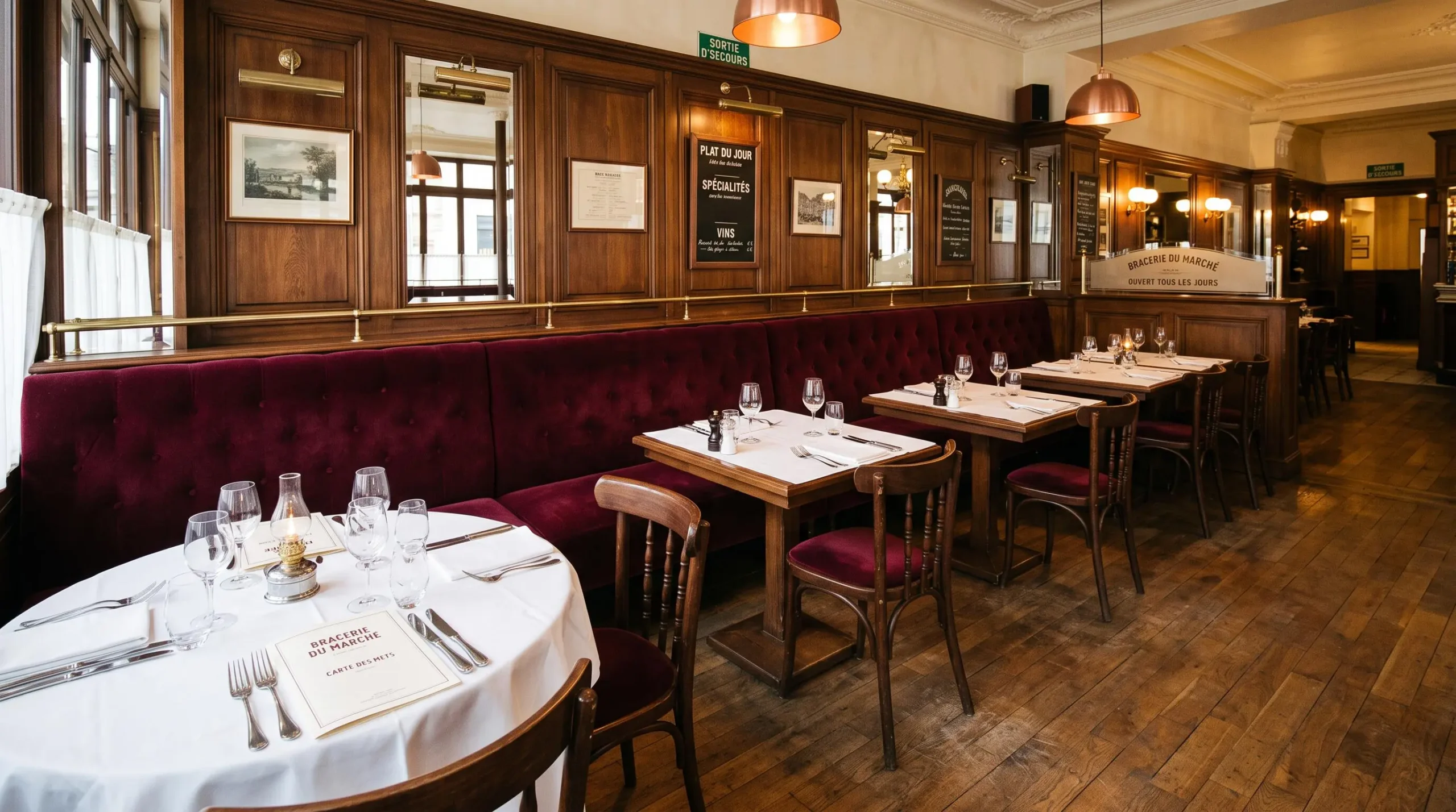 Vue en plongée d'une salle de brasserie montrant la disposition espacée des tables rondes avec banquettes en velours et mobilier bois, matériaux chaleureux et parquet