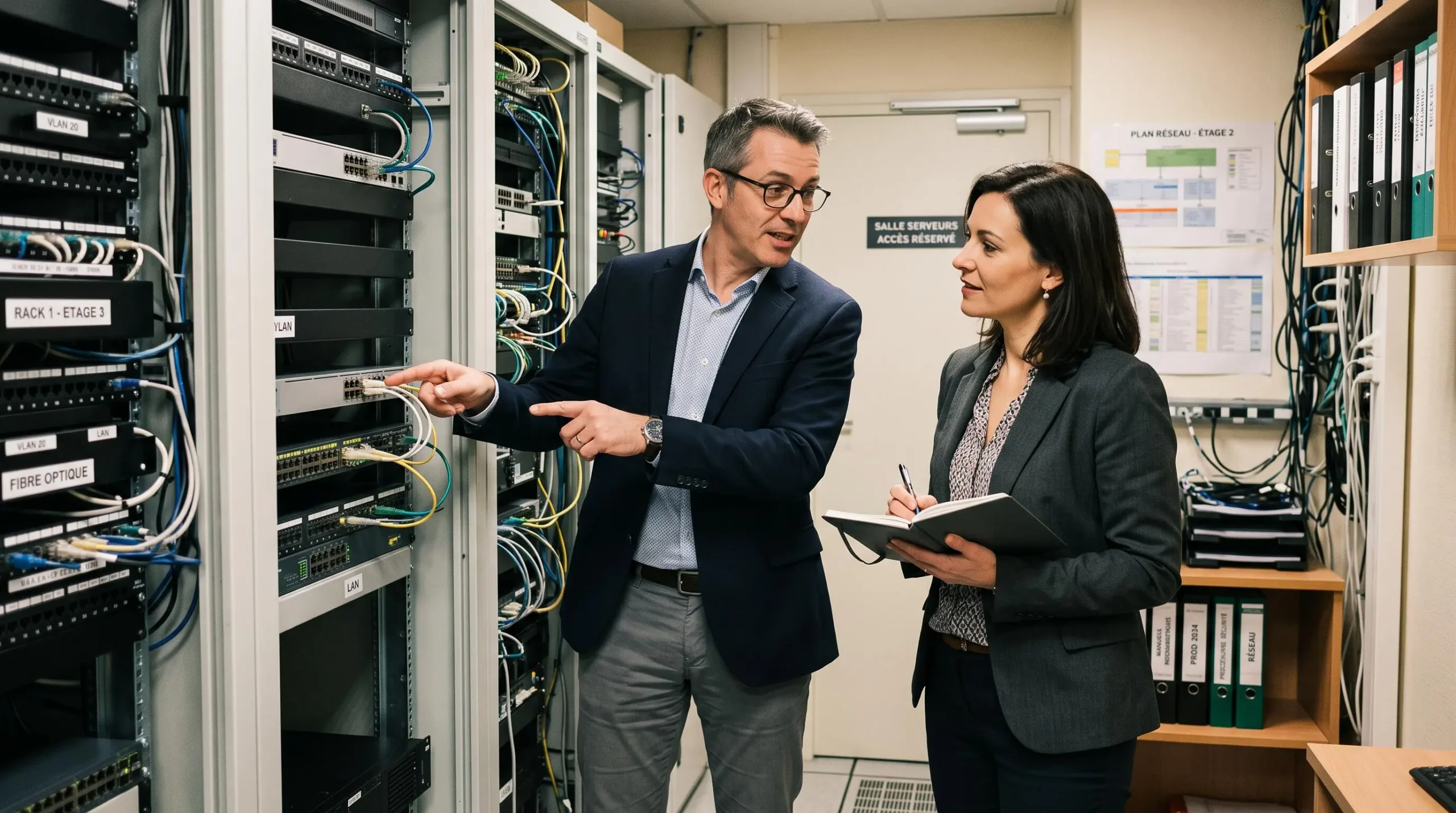 Expert informatique expliquant le fonctionnement d'équipements réseau à une dirigeante de PME dans un local technique