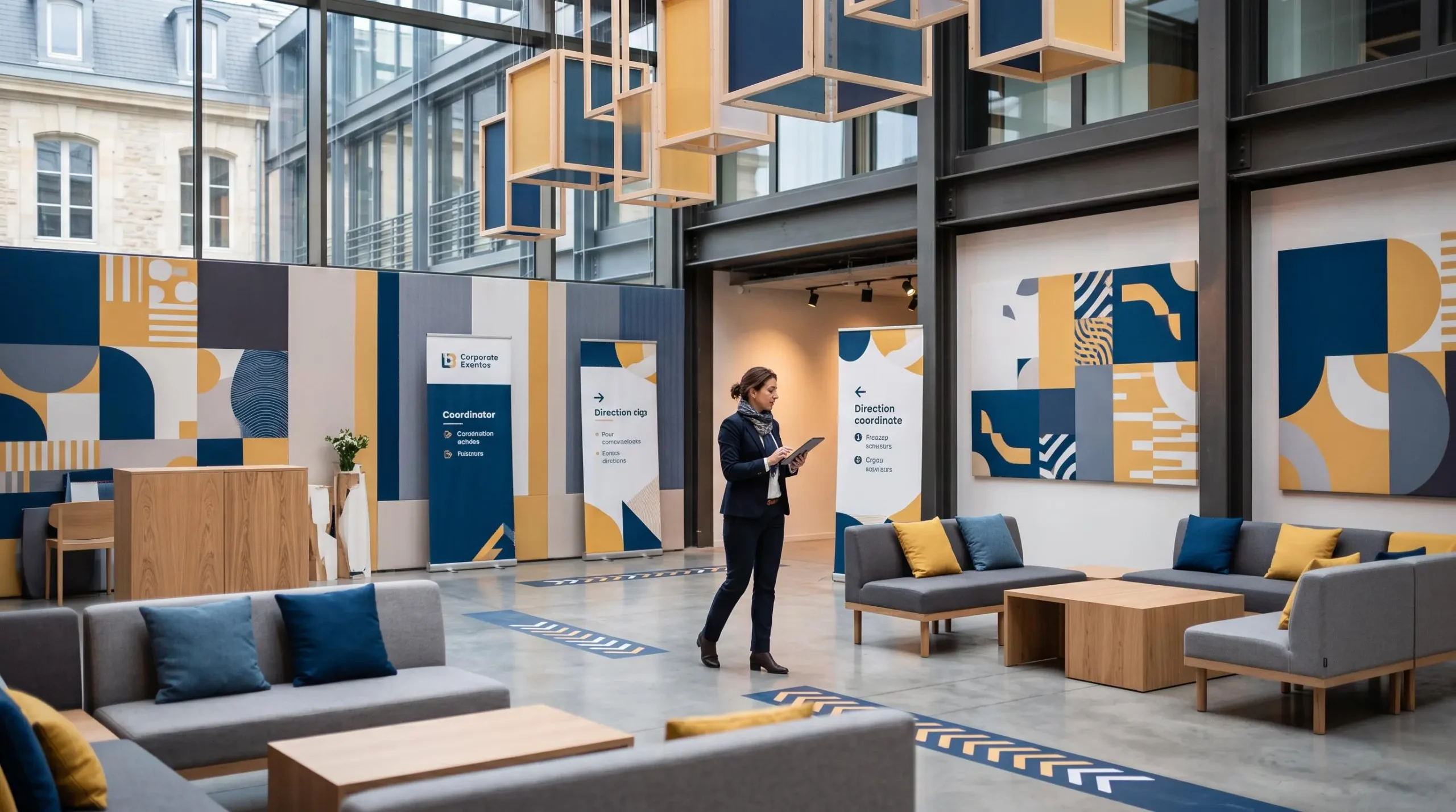 Coordinateur événementiel vérifiant un espace corporate finalisé montrant la cohérence entre panneaux muraux, signalétique au sol et mobilier dans une palette de couleurs coordonnée