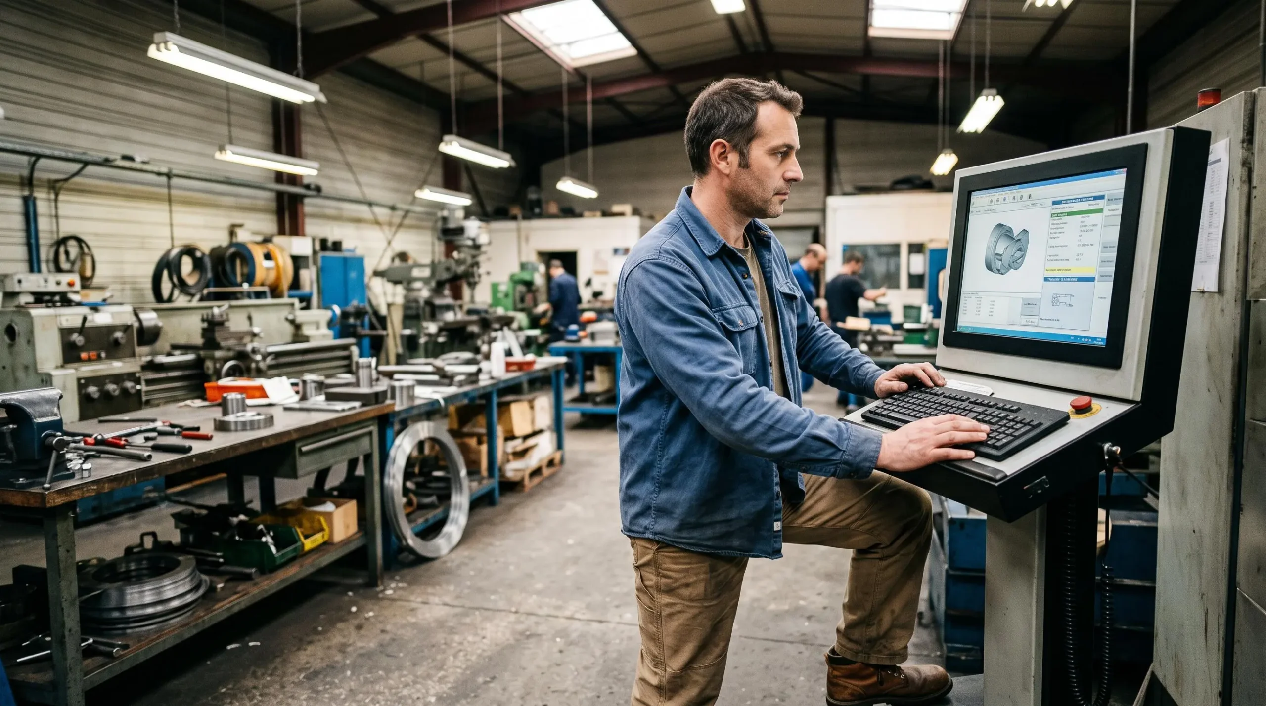 Employé d'un atelier de production consultant des données techniques sur un terminal informatique dans son environnement de travail