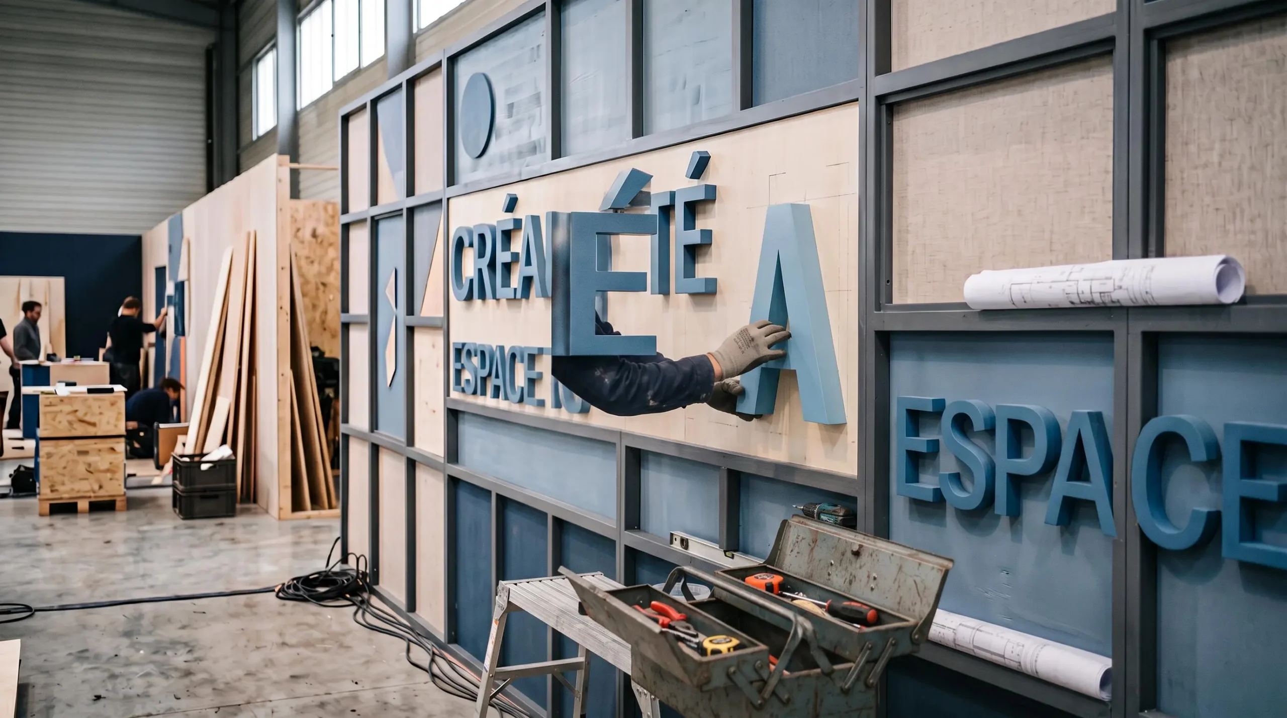 Scénographe installant un élément typographique tridimensionnel sur une structure murale modulaire dans un espace événementiel