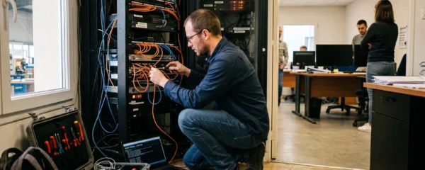 Technicien informatique intervenant en urgence sur un équipement réseau dans une PME française, avec des employés en attente en arrière-plan