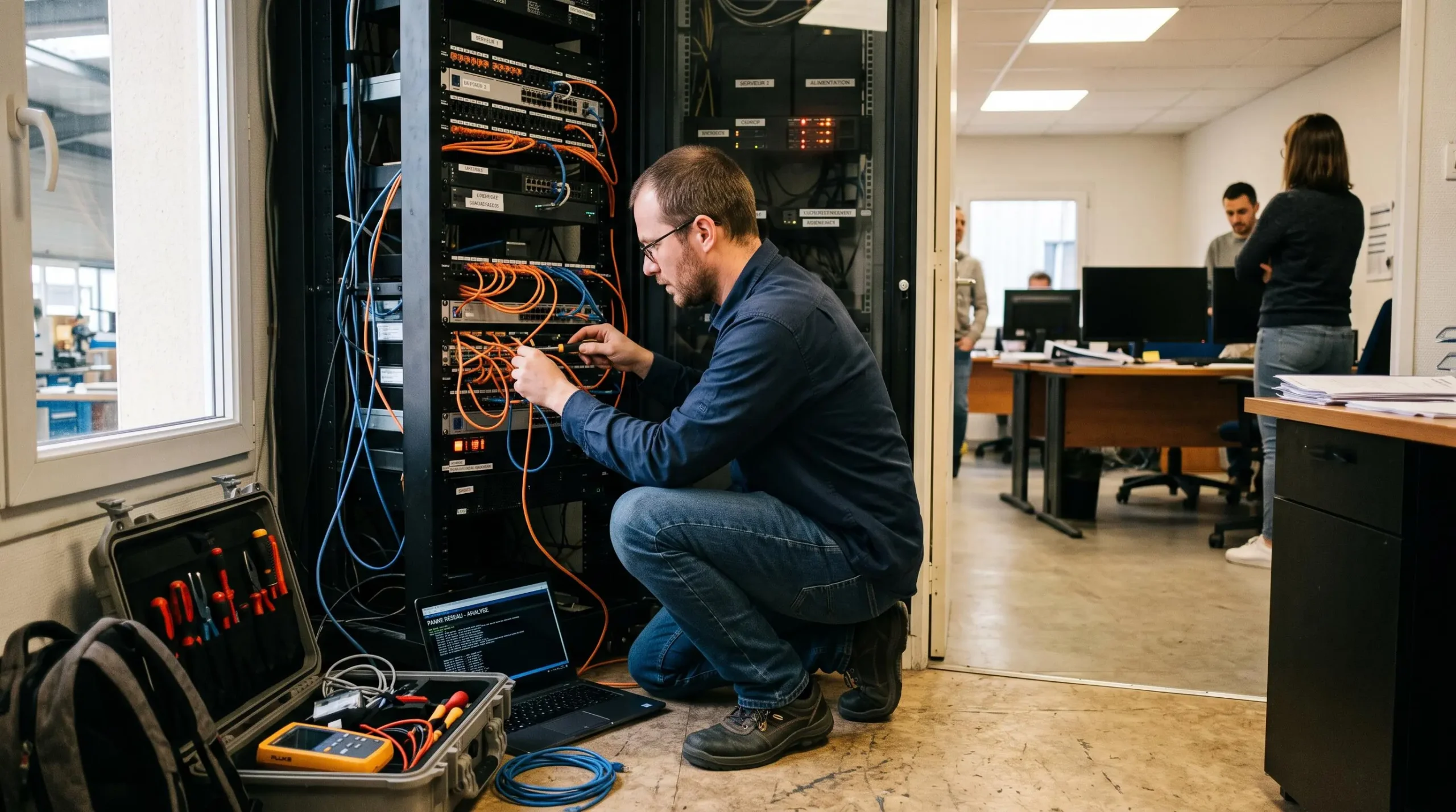 Technicien informatique intervenant en urgence sur un équipement réseau dans une PME française, avec des employés en attente en arrière-plan
