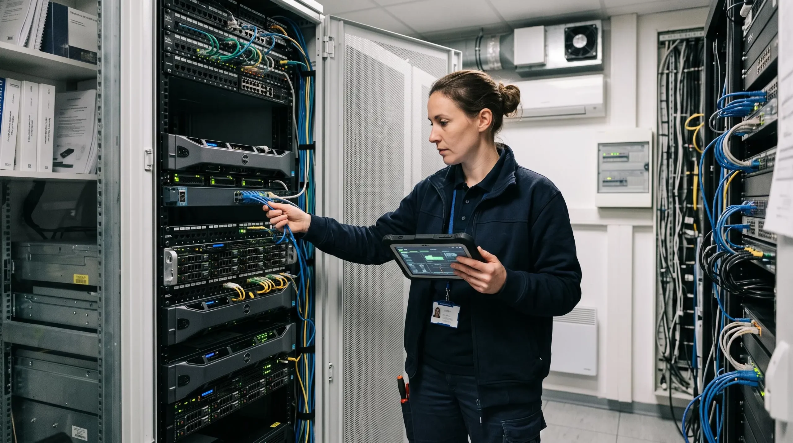 Technicienne informatique effectuant une maintenance préventive sur une baie de serveurs dans le local technique d'une PME