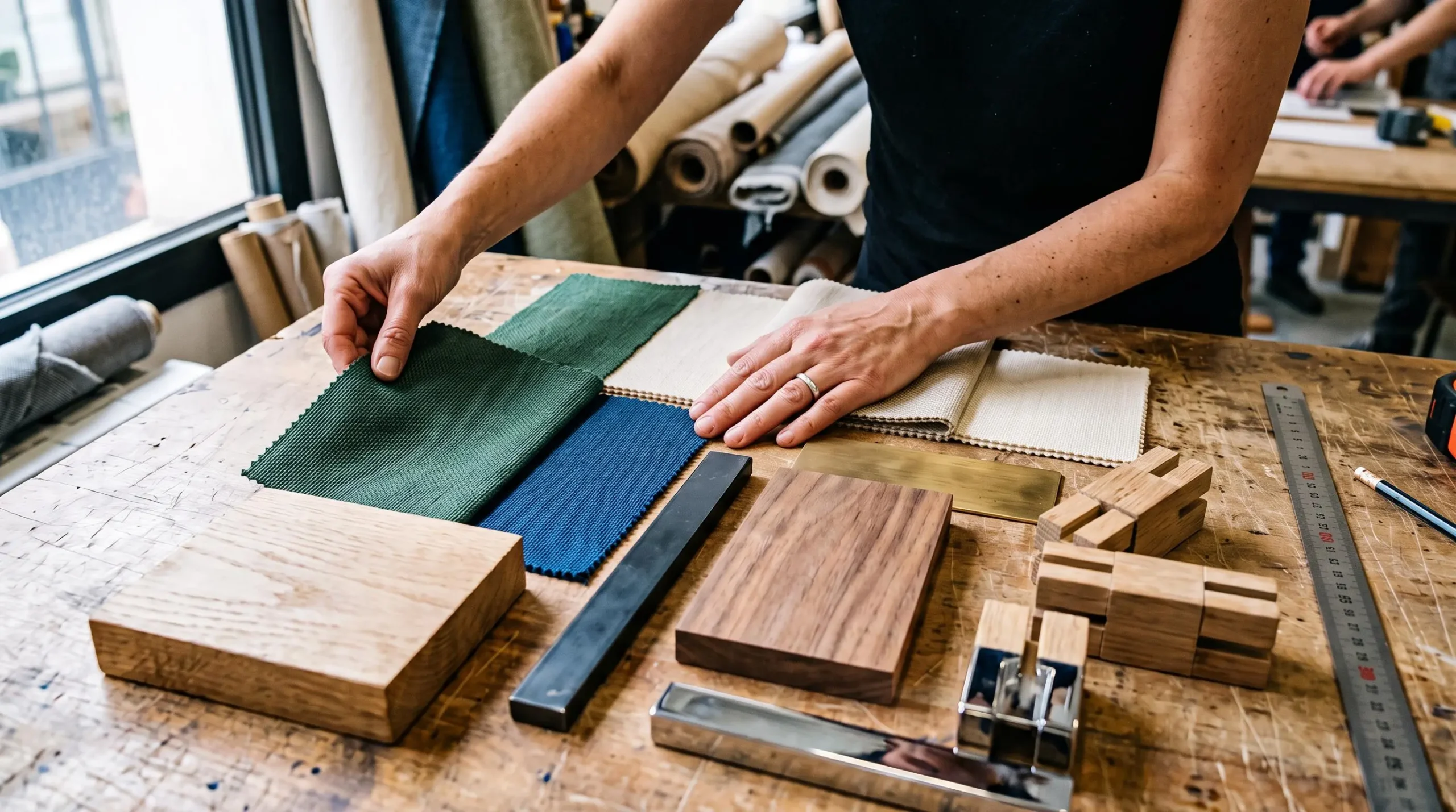 Mains de scénographe sélectionnant des échantillons de matériaux et tissus colorés sur une surface de travail pour un projet de décor événementiel