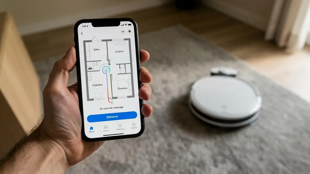 Main tenant un smartphone affichant une application de contrôle d'aspirateur robot avec le robot nettoyant en arrière-plan