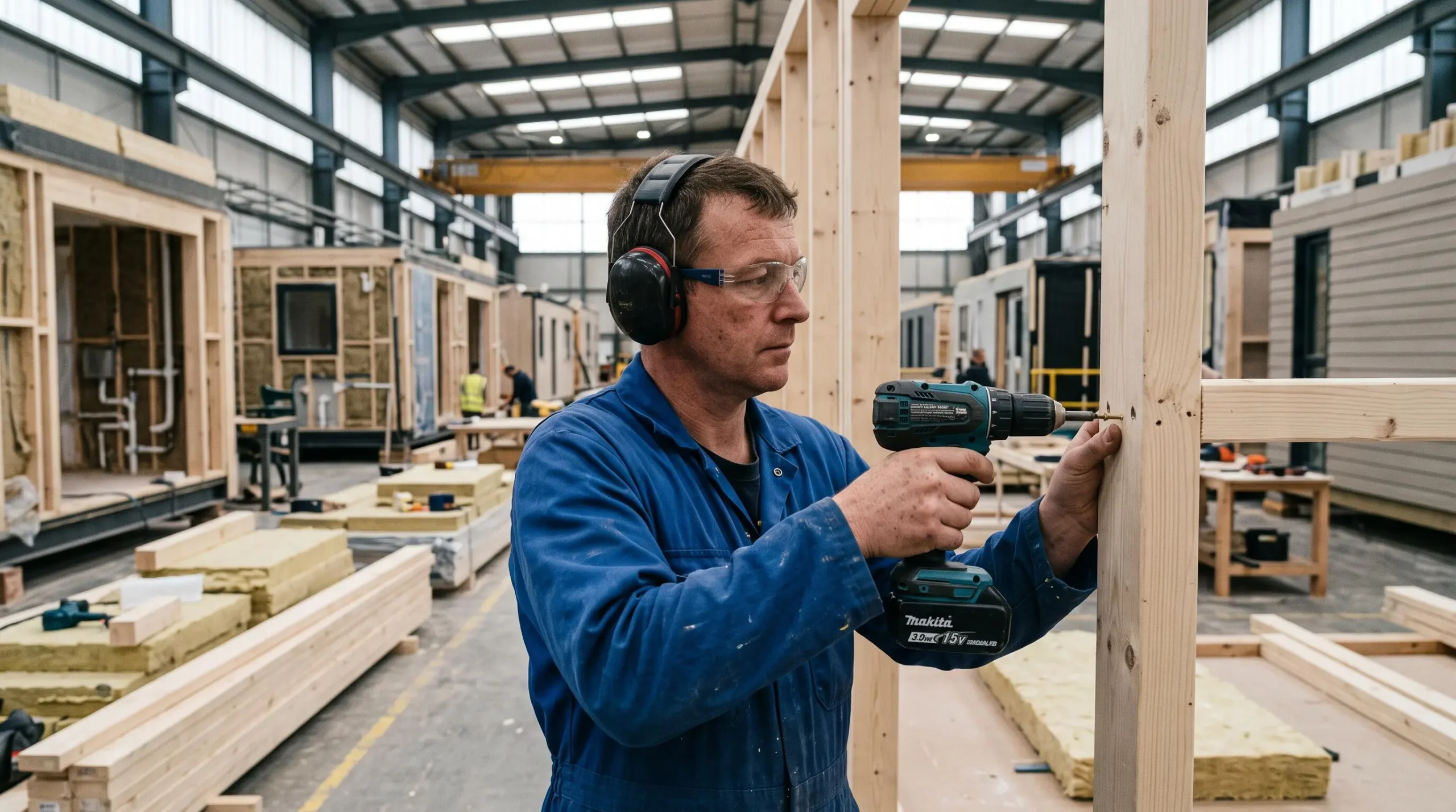 Un artisan assemble l'ossature bois d'un module de construction dans une usine de préfabrication, équipements de protection aux oreilles.