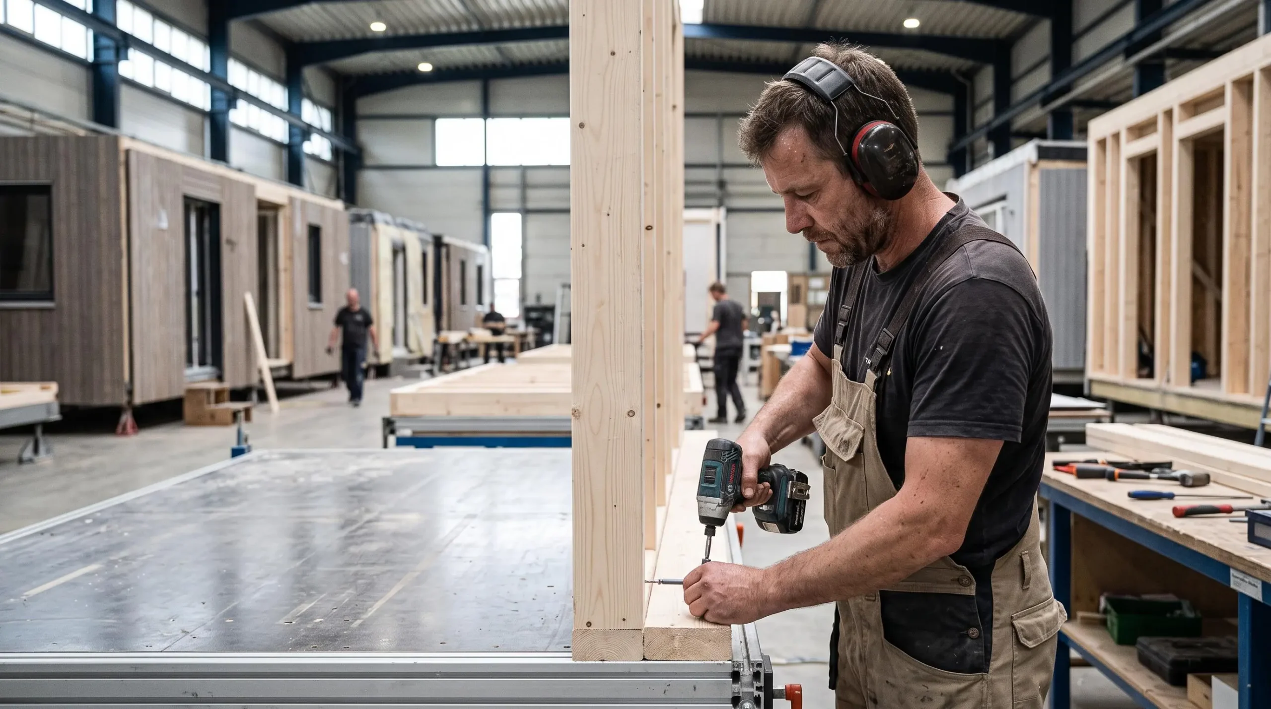 Un artisan assemble l'ossature bois d'un module de construction dans une usine de préfabrication, équipements de protection aux oreilles.