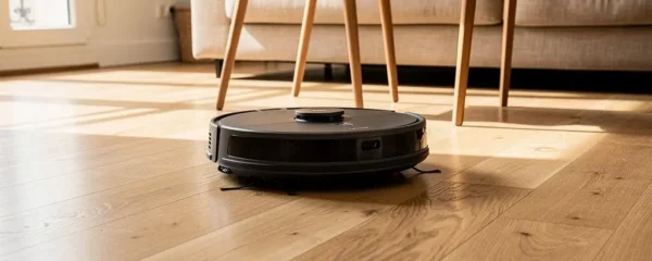 Aspirateur robot en fonctionnement nettoyant le parquet d'un salon moderne français entre les meubles