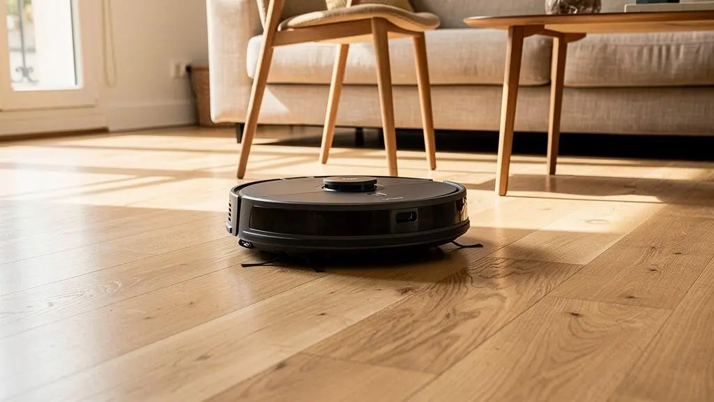 Aspirateur robot en fonctionnement nettoyant le parquet d'un salon moderne français entre les meubles