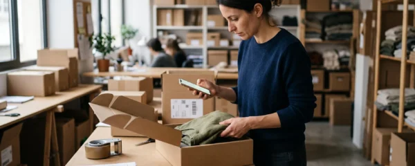 Une femme prépare une commande dans son atelier e-commerce tout en consultant son smartphone.
