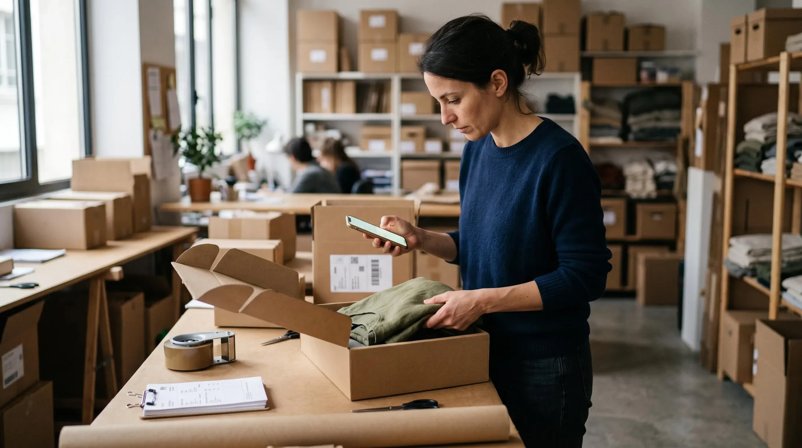 Une femme prépare une commande dans son atelier e-commerce tout en consultant son smartphone.