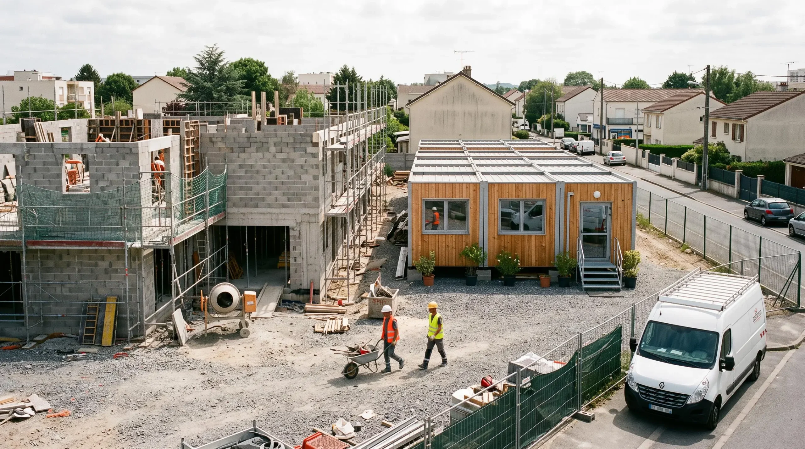 Vue en plongée d'un chantier montrant côte à côte un bâtiment traditionnel en maçonnerie et des bureaux modulaires préfabriqués installés.