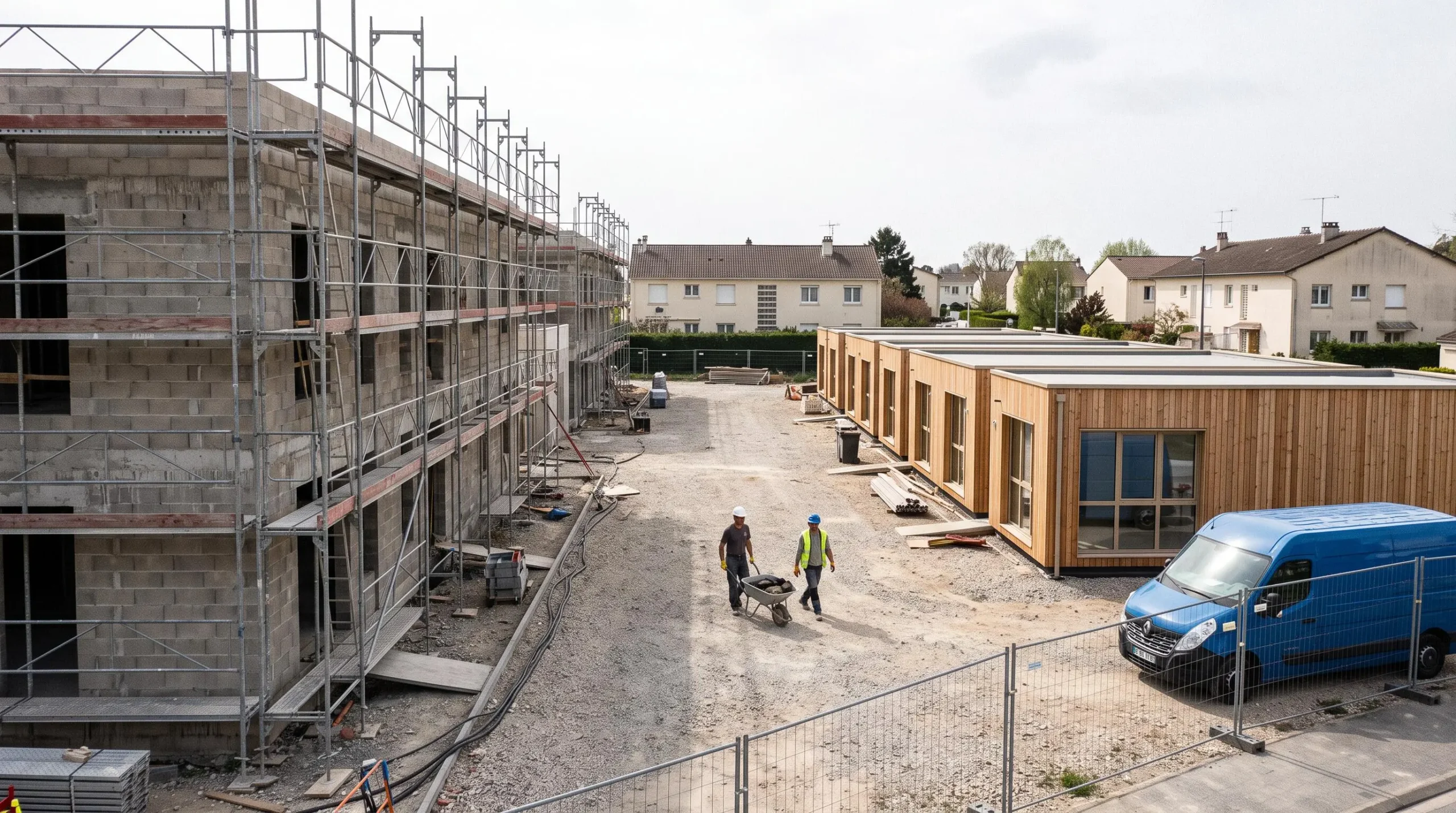 Vue en plongée d'un chantier montrant côte à côte un bâtiment traditionnel en maçonnerie et des bureaux modulaires préfabriqués installés.