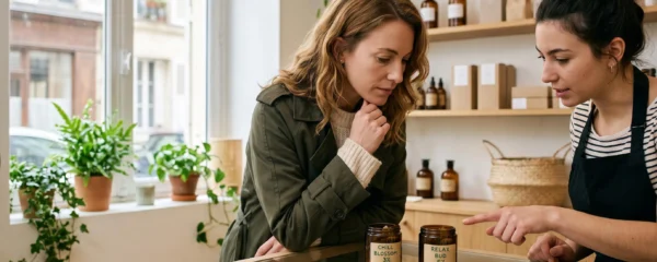 Une cliente compare deux pots de fleurs de CBD présentés au comptoir d'une boutique spécialisée en France.