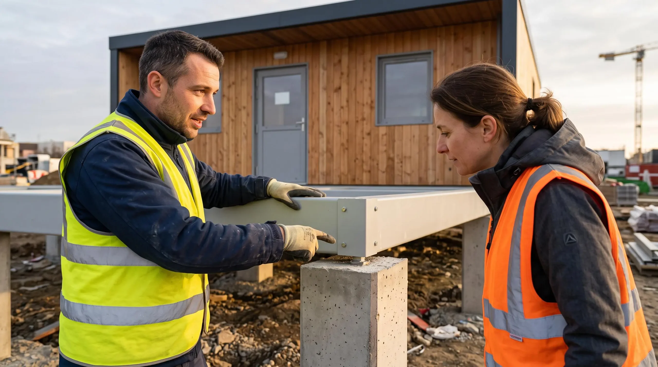 Un conducteur de travaux montre à un client le point de raccordement d'un module de base vie installé sur des supports en béton.