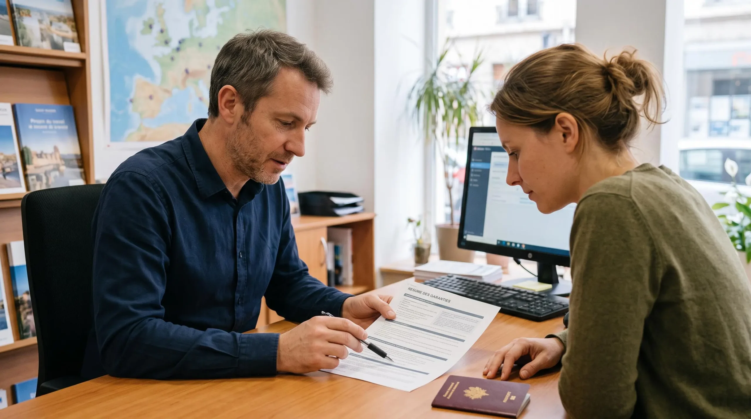 Un conseiller d'assurance explique les garanties d'un contrat de voyage à une cliente assise en face de lui dans un bureau.