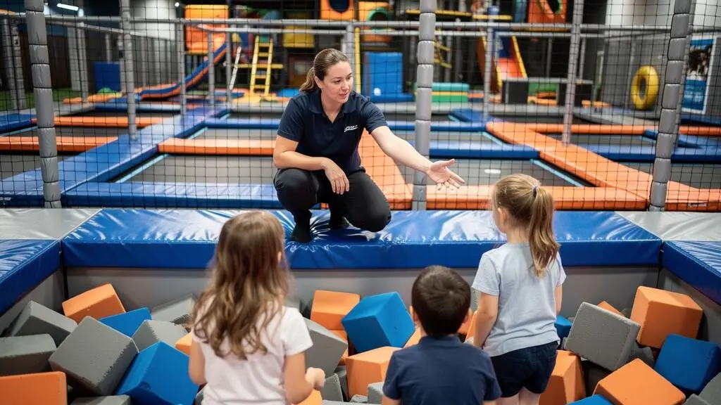 Une employée d'un parc indoor explique les règles de sécurité à trois enfants assis en bord de fosse à mousses, devant des trampolines.