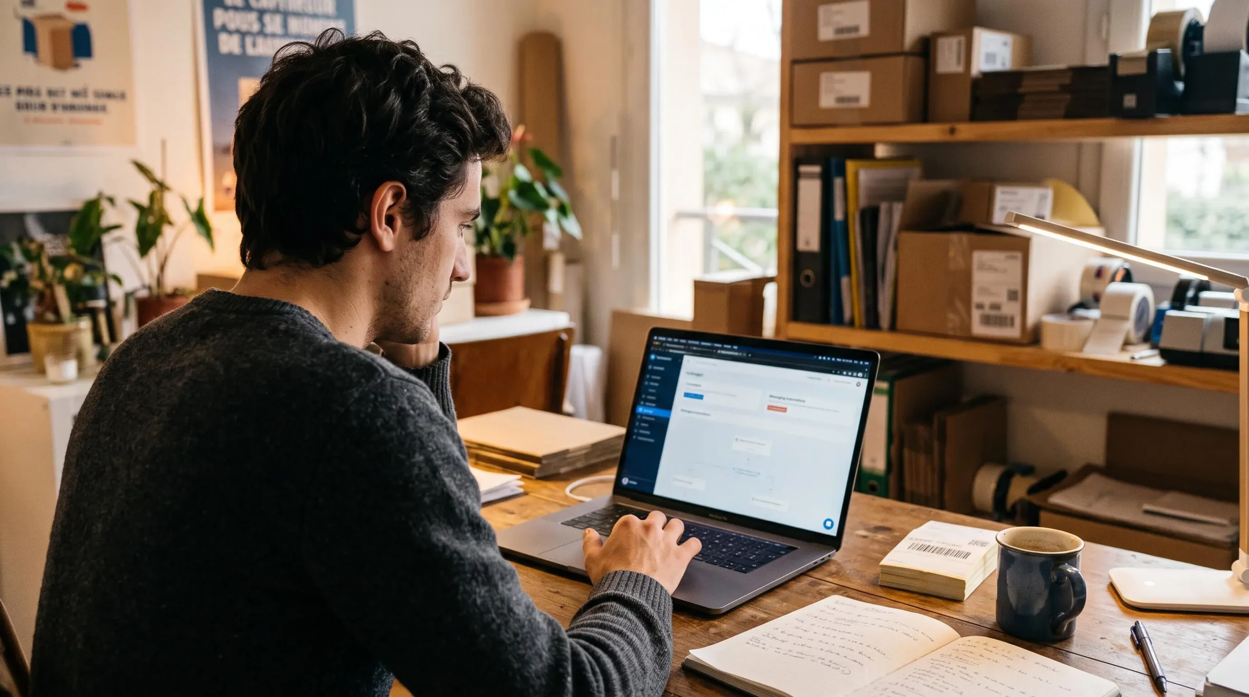 Un entrepreneur paramètre ses scénarios de messages automatisés sur son ordinateur portable dans son bureau.