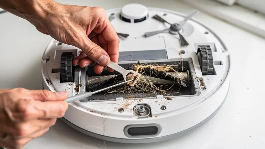 Mains nettoyant la brosse rotative d'un aspirateur robot retourné avec accumulation de cheveux et débris visibles