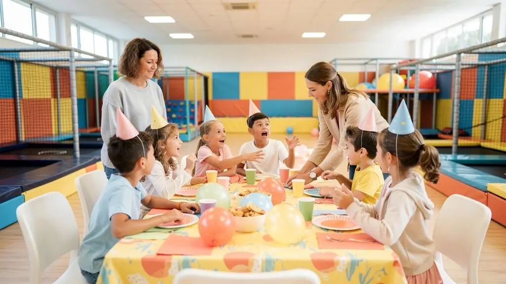 Des enfants fêtent un anniversaire autour d'une table décorée dans la zone dédiée d'un parc de loisirs indoor, avec des structures de jeu en arrière-plan.