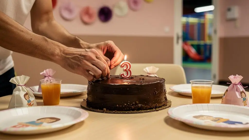 Des mains parentales déposent une bougie d'anniversaire sur un gâteau au chocolat dressé au centre d'une table de goûter préparée dans une salle privée d'un parc indoor.