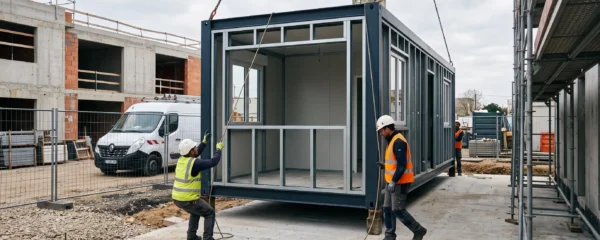 Une grue soulève un module de construction préfabriqué tandis que deux ouvriers le guident sur une fondation en béton sur un chantier français.