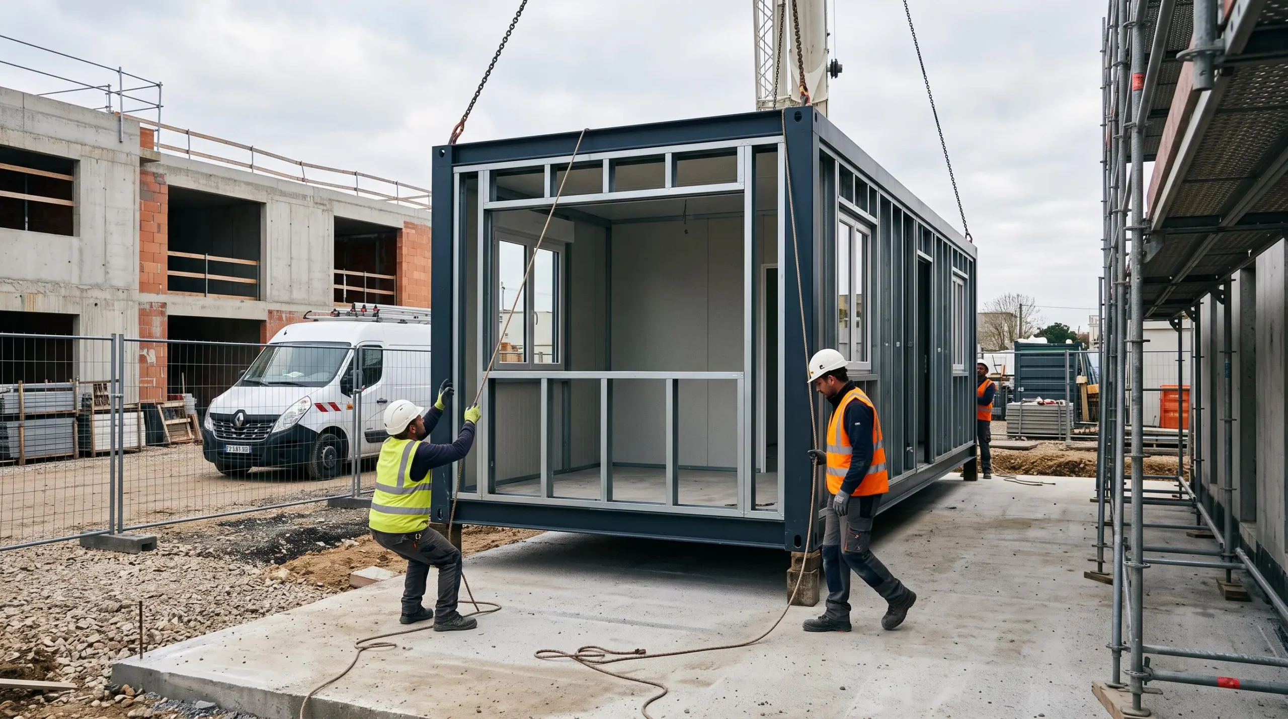 Une grue soulève un module de construction préfabriqué tandis que deux ouvriers le guident sur une fondation en béton sur un chantier français.