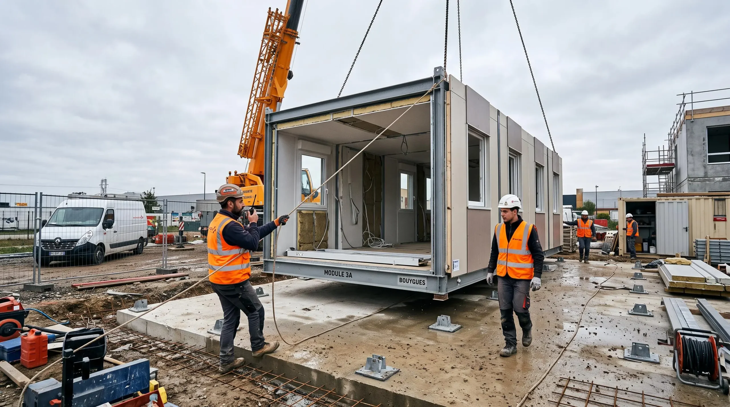 Une grue soulève un module de construction préfabriqué tandis que deux ouvriers le guident sur une fondation en béton sur un chantier français.
