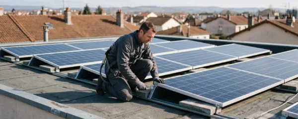 Installateur réglant l'inclinaison de panneaux solaires sur des bacs lestés posés sur la membrane d'un toit plat résidentiel.