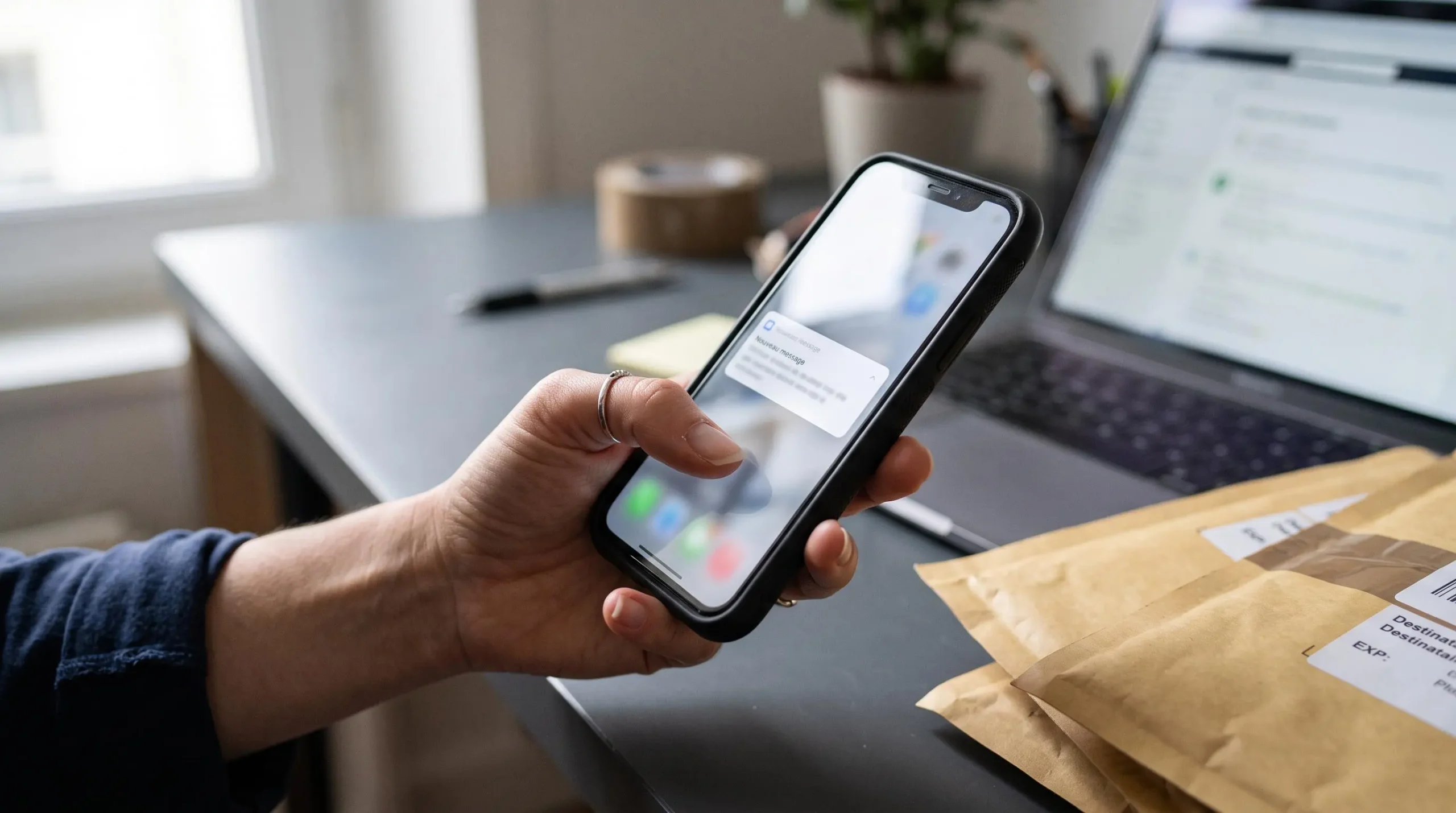 Une main tient un smartphone affichant une notification de message entrant dans un bureau d'e-commerce.