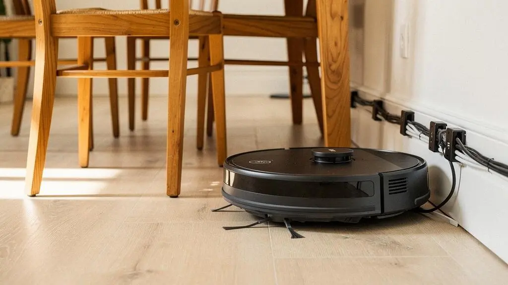 Aspirateur robot naviguant au niveau du sol entre des pieds de chaise avec câbles électriques organisés le long de la plinthe